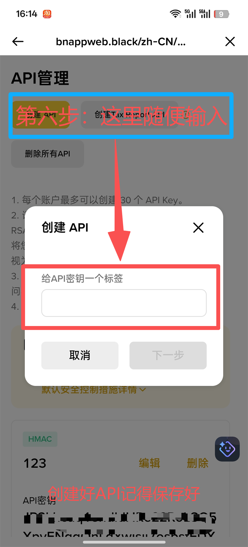 Binance App 第6步 输入API标签名称
